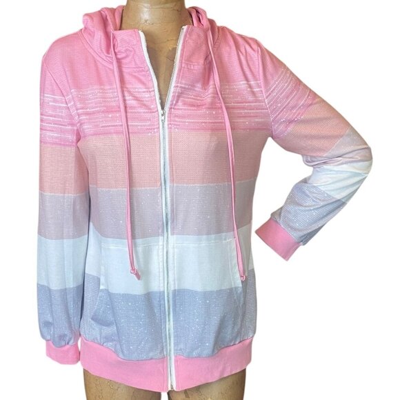 Pink Gray White Colorblock-Stripe Full Zip Hoodie Sz M #198J - Picture 1 of 8